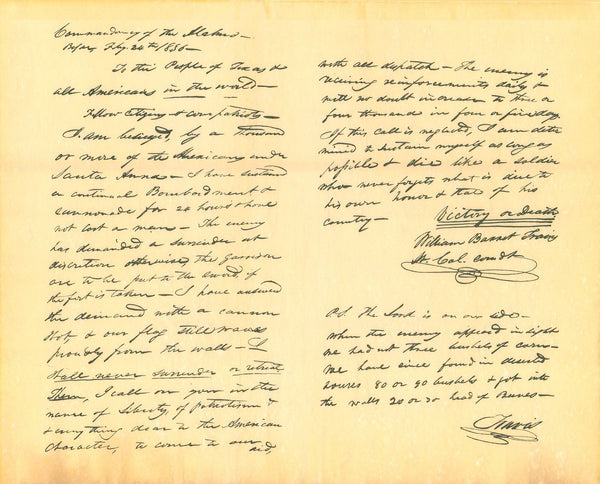 Travis "Victory or Death" letter from The Alamo 1836 TEXAS