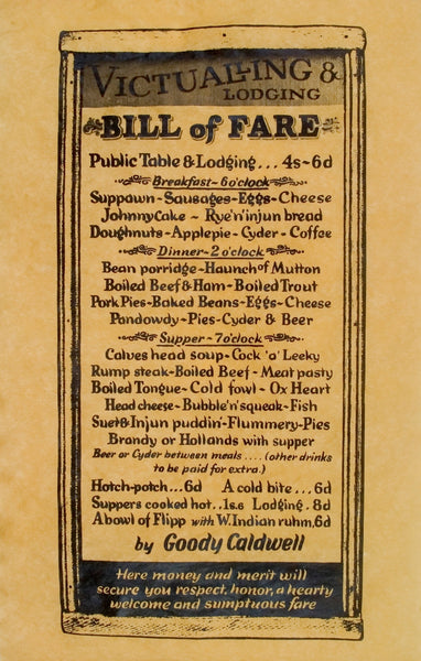 Colonial Bill of Fare Tavern Dinner Menu