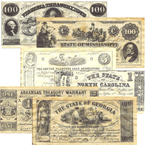 Confederate States Civil War Era Replica Currency Set A