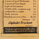 Colonial Era "Fare of Ye Tavern" Wine & Liquor Menu