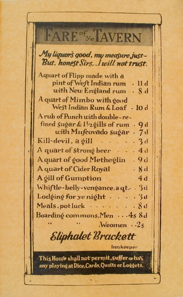 Colonial Era "Fare of Ye Tavern" Wine & Liquor Menu